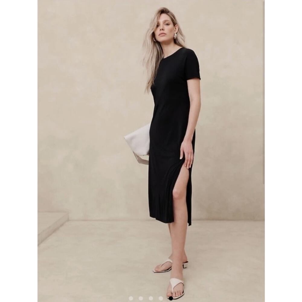 Banana Republic Midi T-Shirt Dress Black Size Small Scoop Neck Stretch - Picture 12 of 12